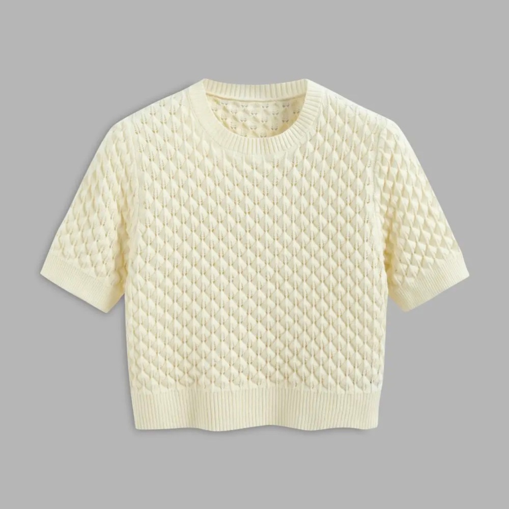 Cider Round Neckline Geometric Knitted Short Sleeve Top in Beige Size M/6